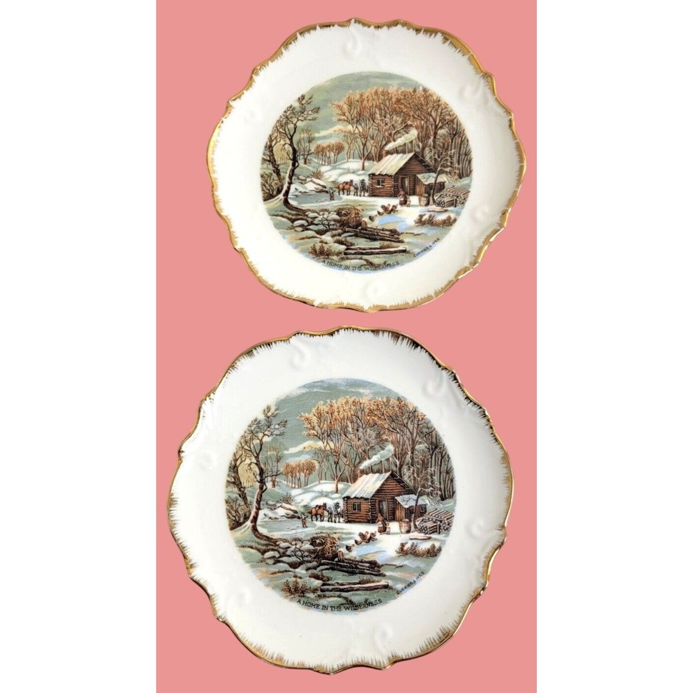 Currier & Ives Decorative Plates A Home In Wilderness Vintage Farmhouse Set of 2